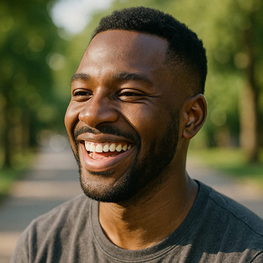 Handsome Black man smiling outdoors with trees in the background.