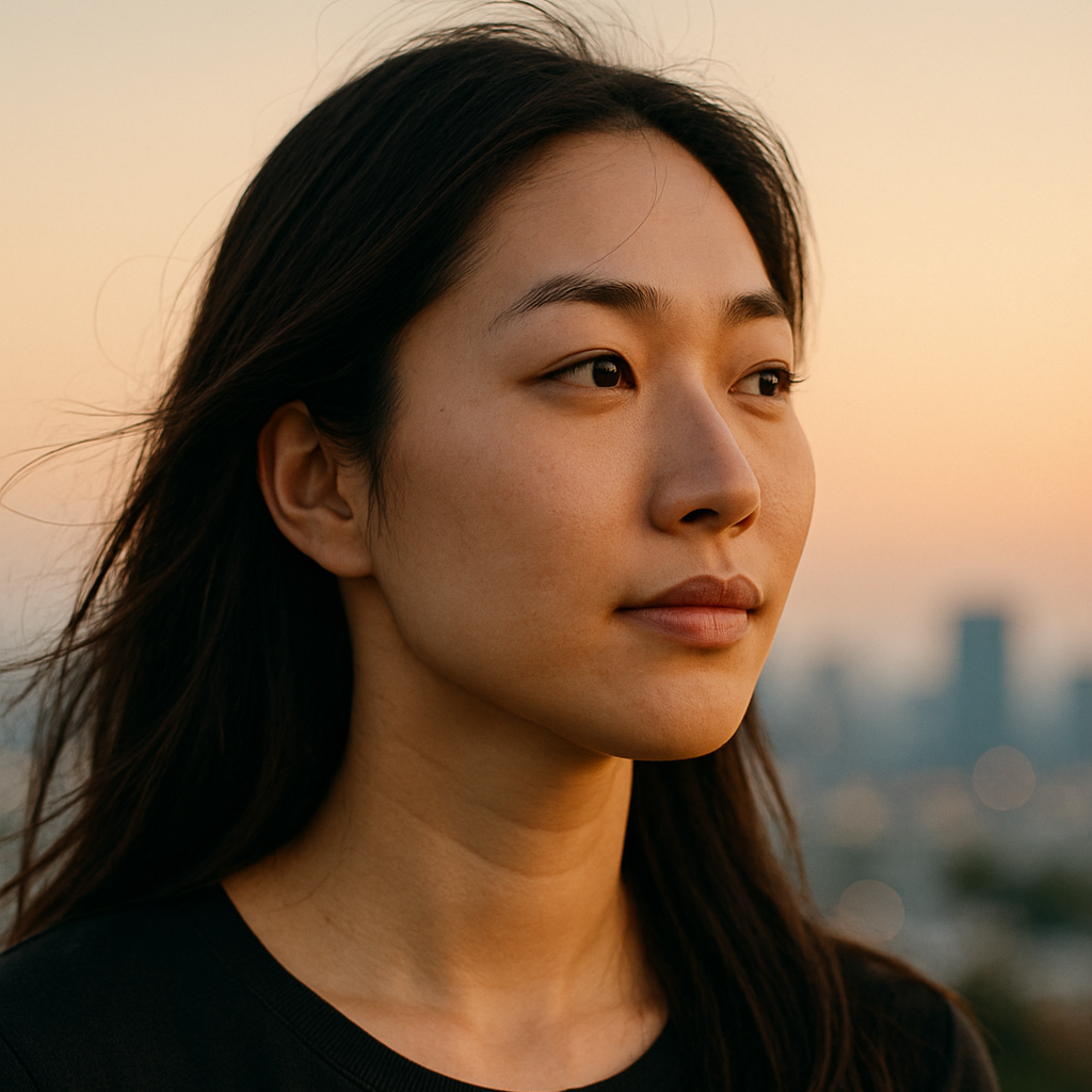 Woman with long dark hair against a blurred cityscape at sunset.
