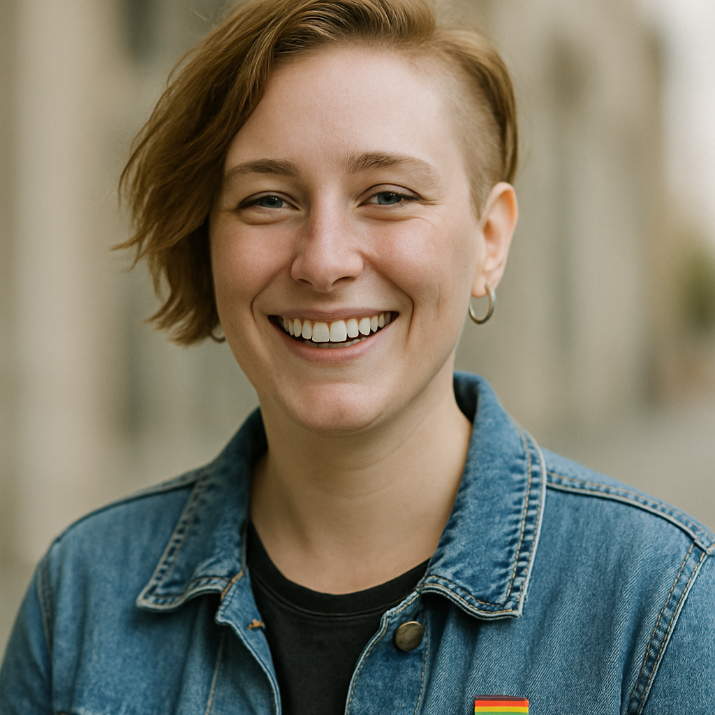 Person wearing a denim jacket with a rainbow flag patch, standing outdoors.