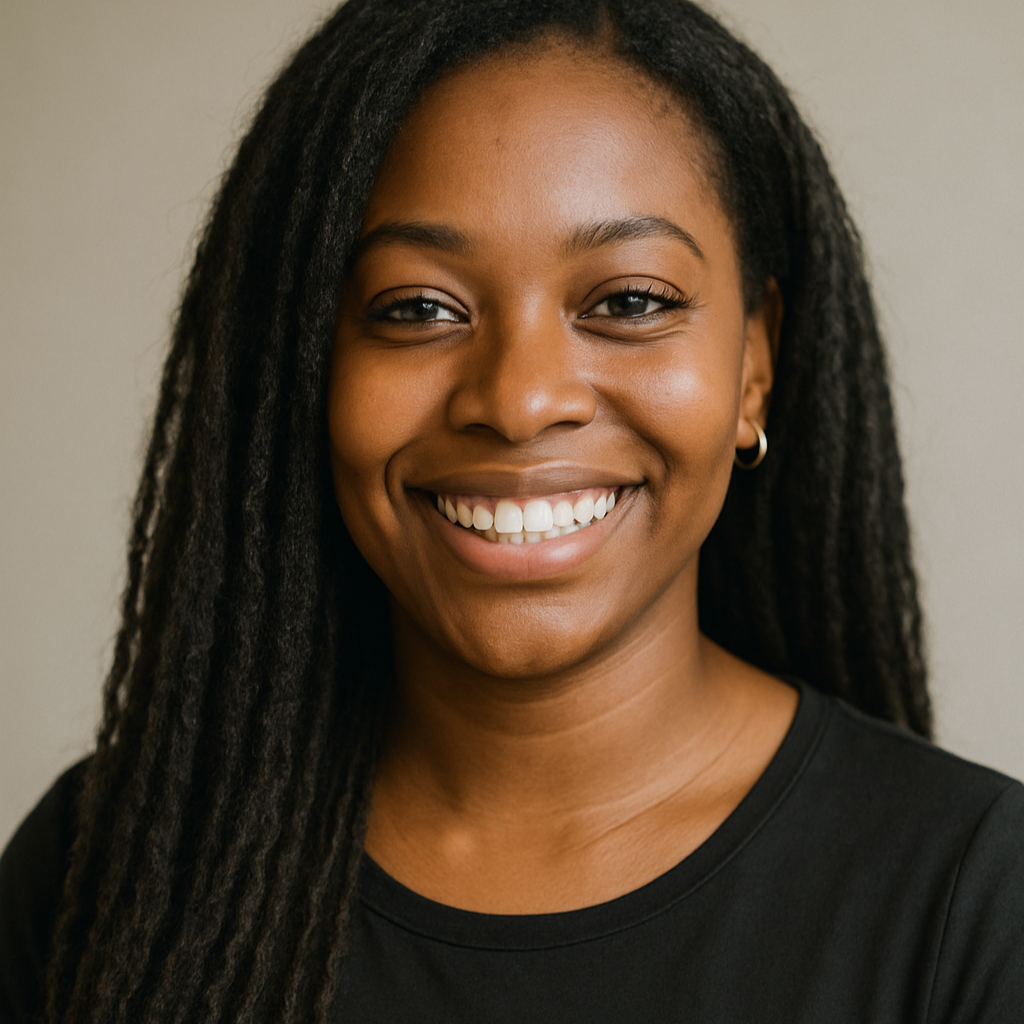 Beautiful black woman with long braided hair wearing a black shirt against a neutral background.