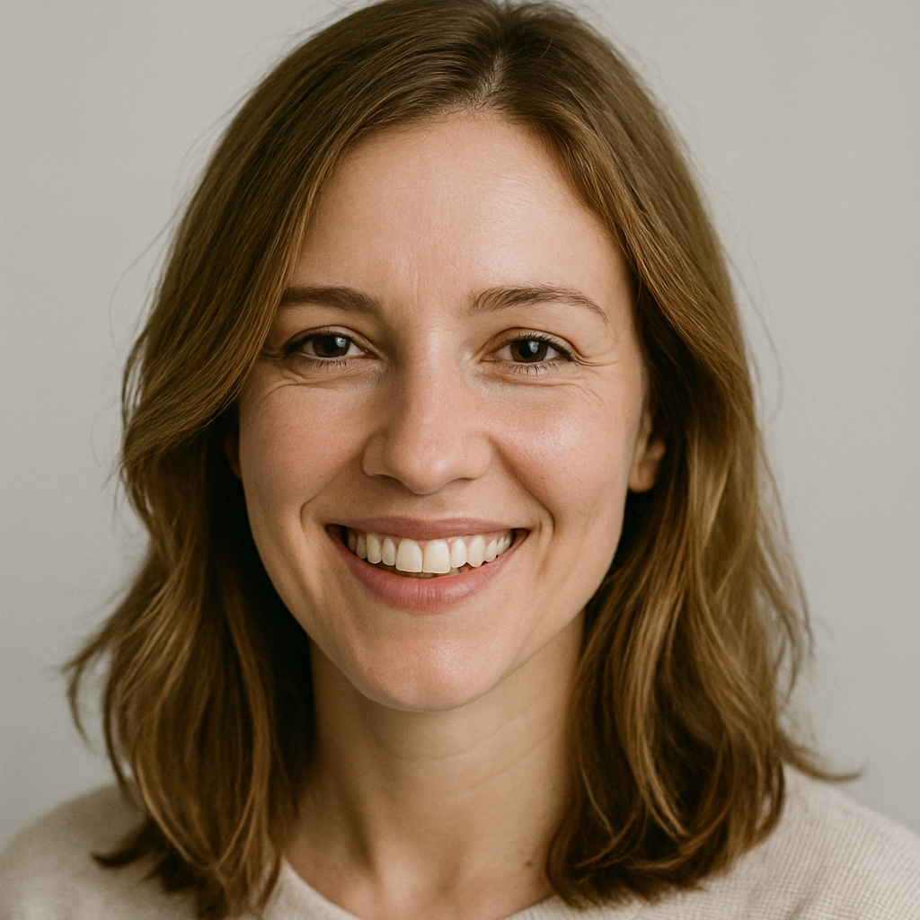 White woman with shoulder-length brown hair wearing a beige sweater against a plain background.