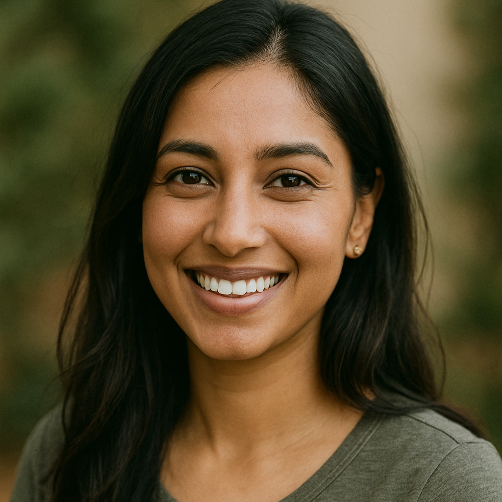 Tamil woman with long dark hair wearing a green shirt against a blurred natural background.
